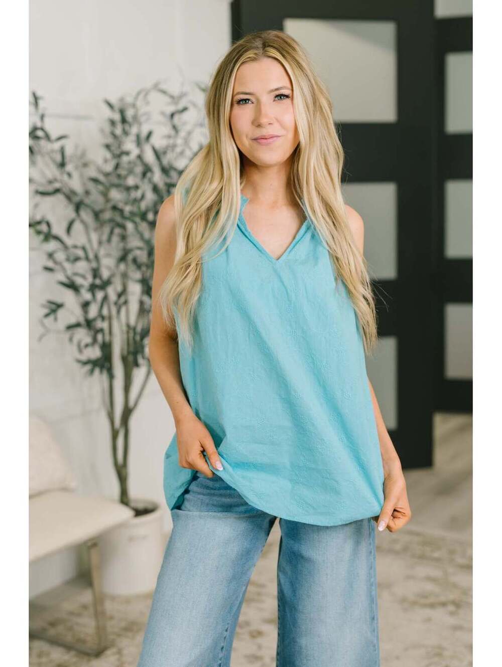 Camellia Split Neck Embroidered Tank in Aqua